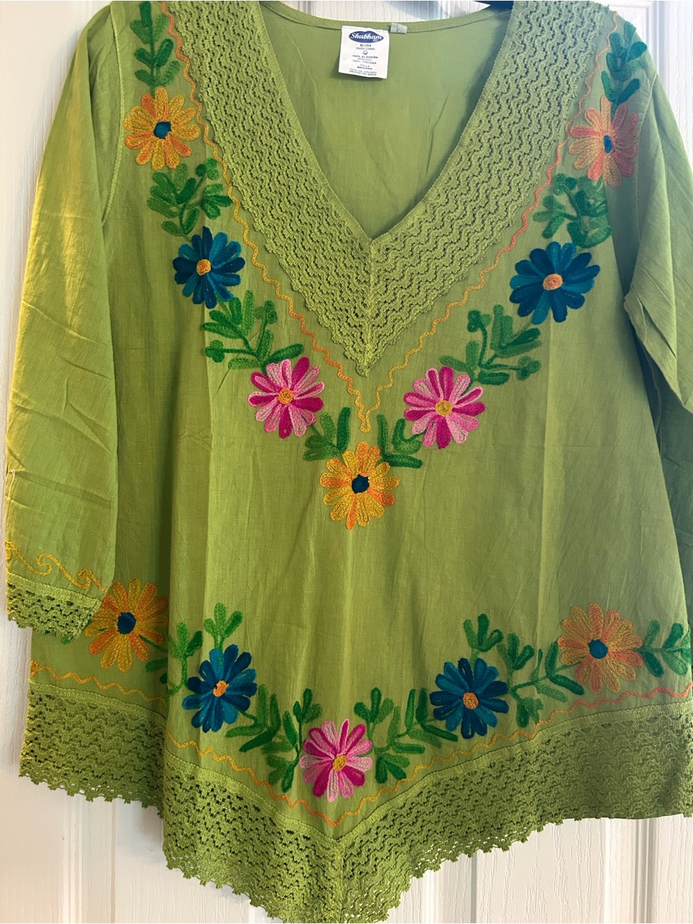 Green Floral Embroidered V-Neck Tunic Top